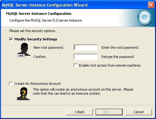 MySQL Server Instance Config Wizard:
                Security