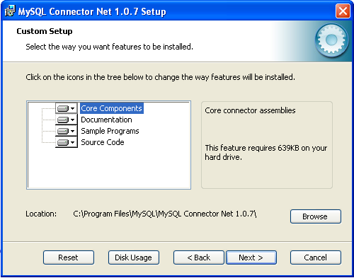 Connector/NET Windows Installer -
                Custom setup 