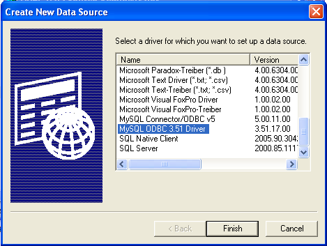 MySQL ODBC Driver
                Selection Dialog