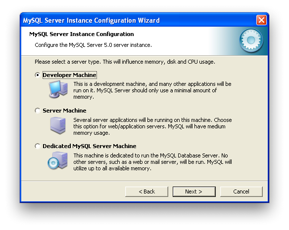 MySQL Server Instance Configuration
            Wizard: Server Type