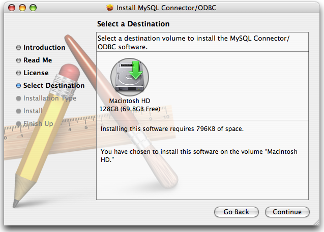 Connector/ODBC Mac OS X Installer -
              Choosing a destination