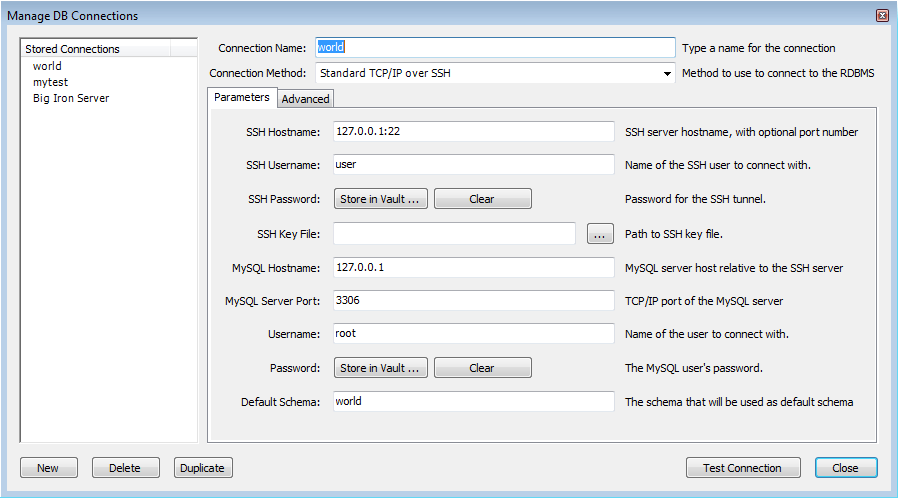 Manage DB Connections - SSH
          Parameters